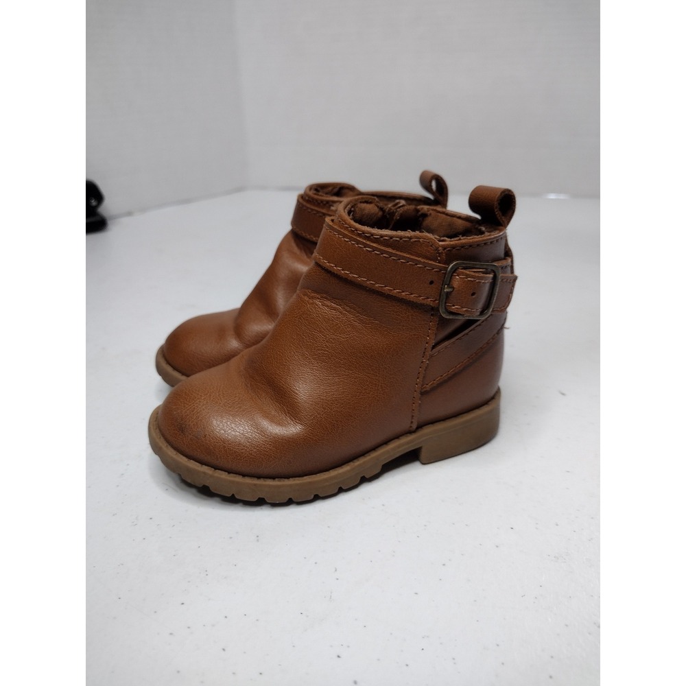 Toddler Brown Faux Leather Ankle Boots Side Zip Buckle‎ Strap Size 5